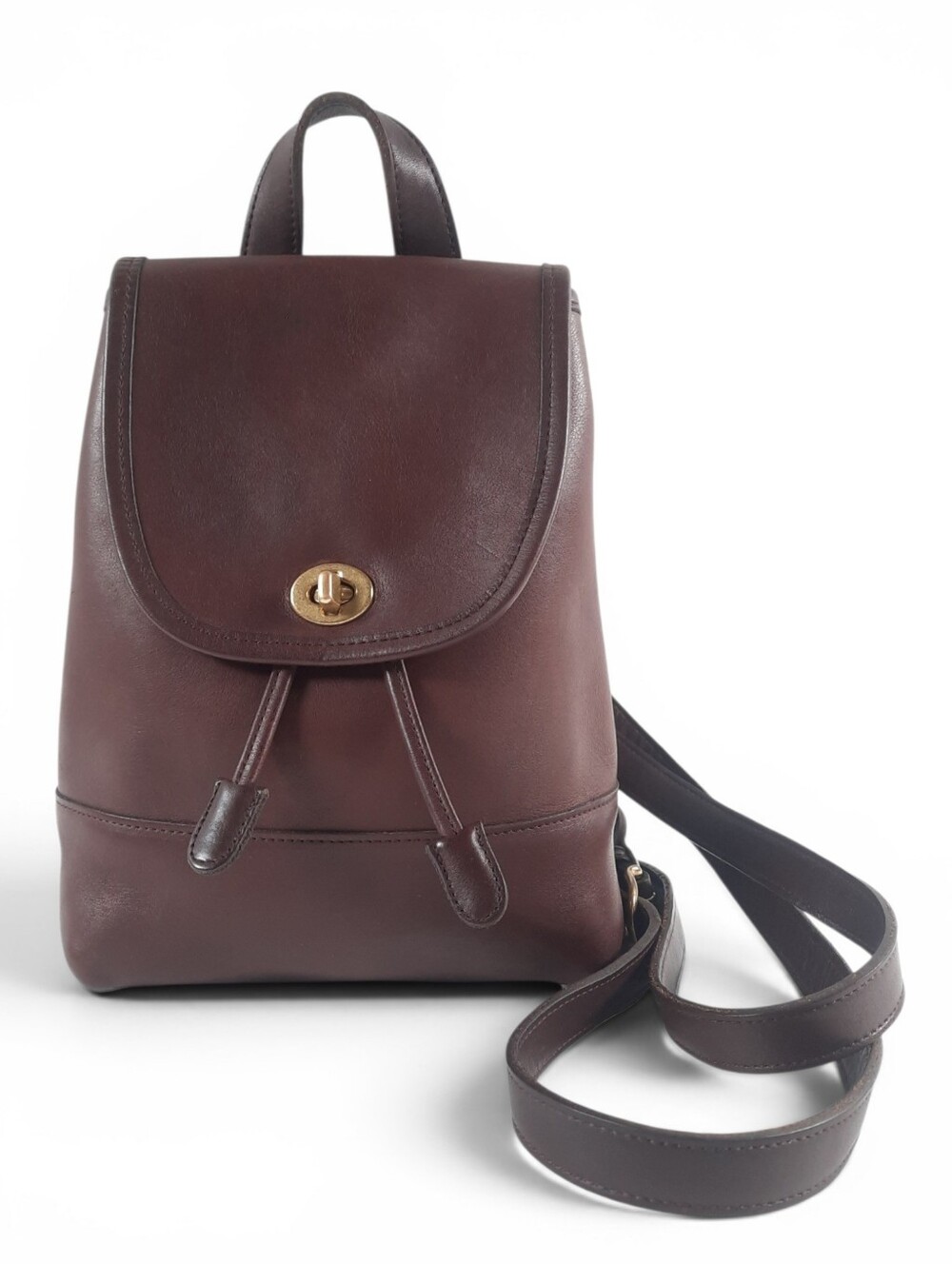 '98 COACH Turnlock Drawstring Backpack Glove Tanned Leather Mahogany Vtg